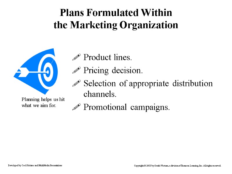 Plans Formulated Within the Marketing Organization Product lines. Pricing decision. Selection of appropriate distribution